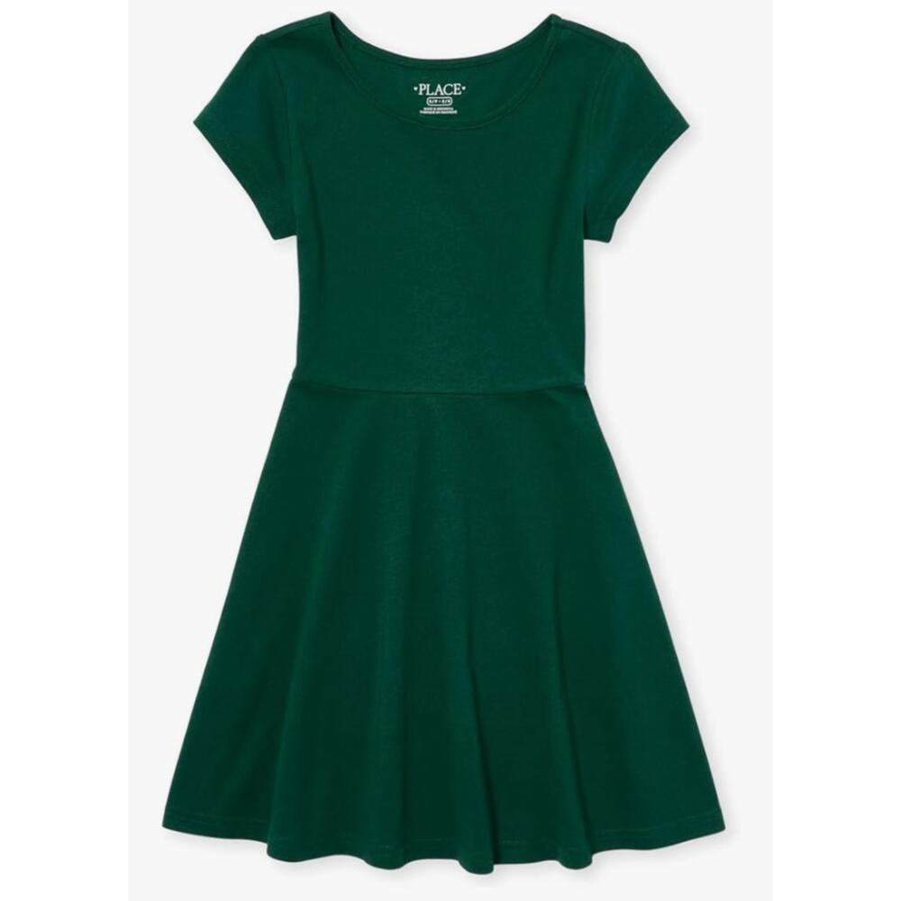 The Childrens Place Girls Short Sleeve Basic Skater Dress Spruce Green Size S